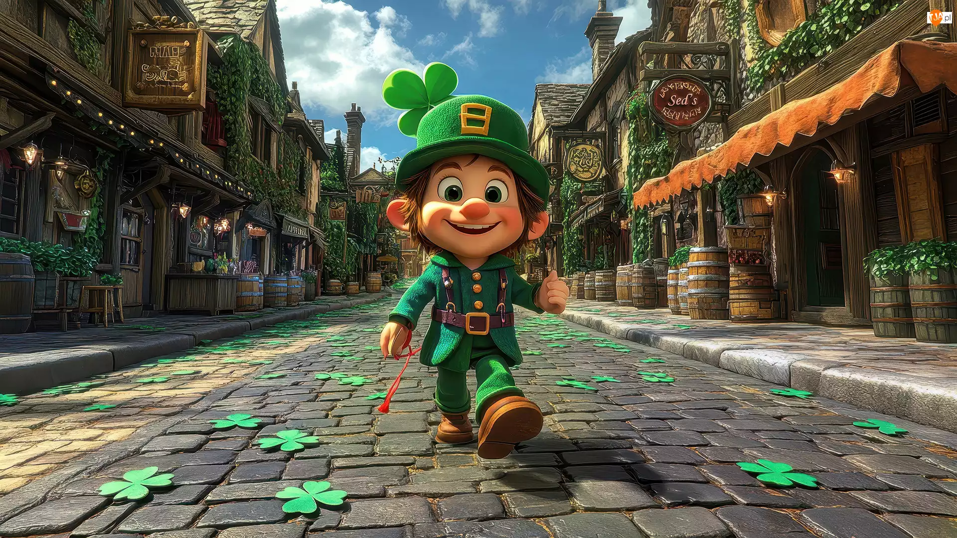 Czapka, Grafika, Skrzat, Koniczyna, Droga, Leprechaun, Listki, Domy