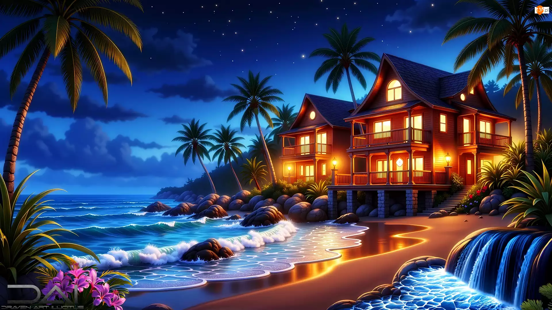 Palmy, Grafika AI, Morze, Plaża, Domy