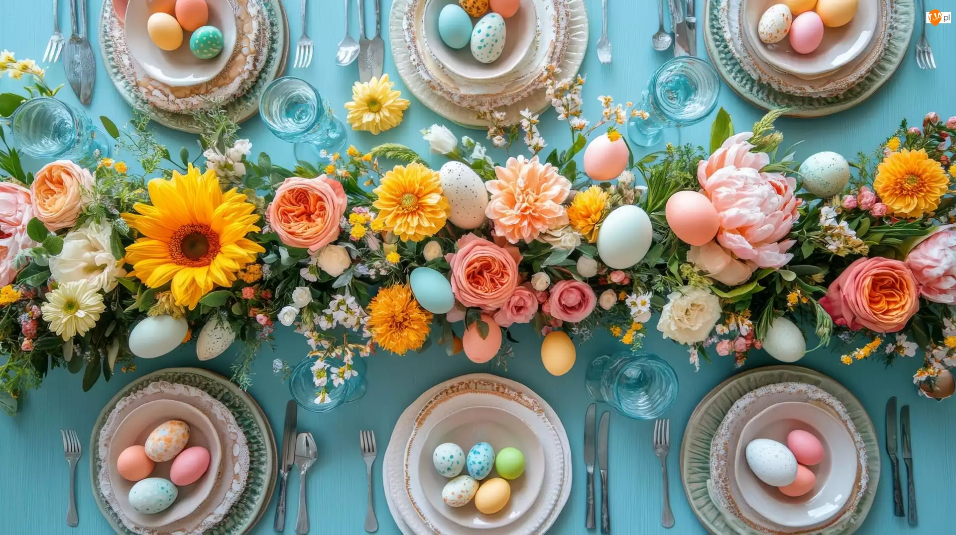 Kwiaty, Talerze, Stół, Wielkanoc, Pisanki