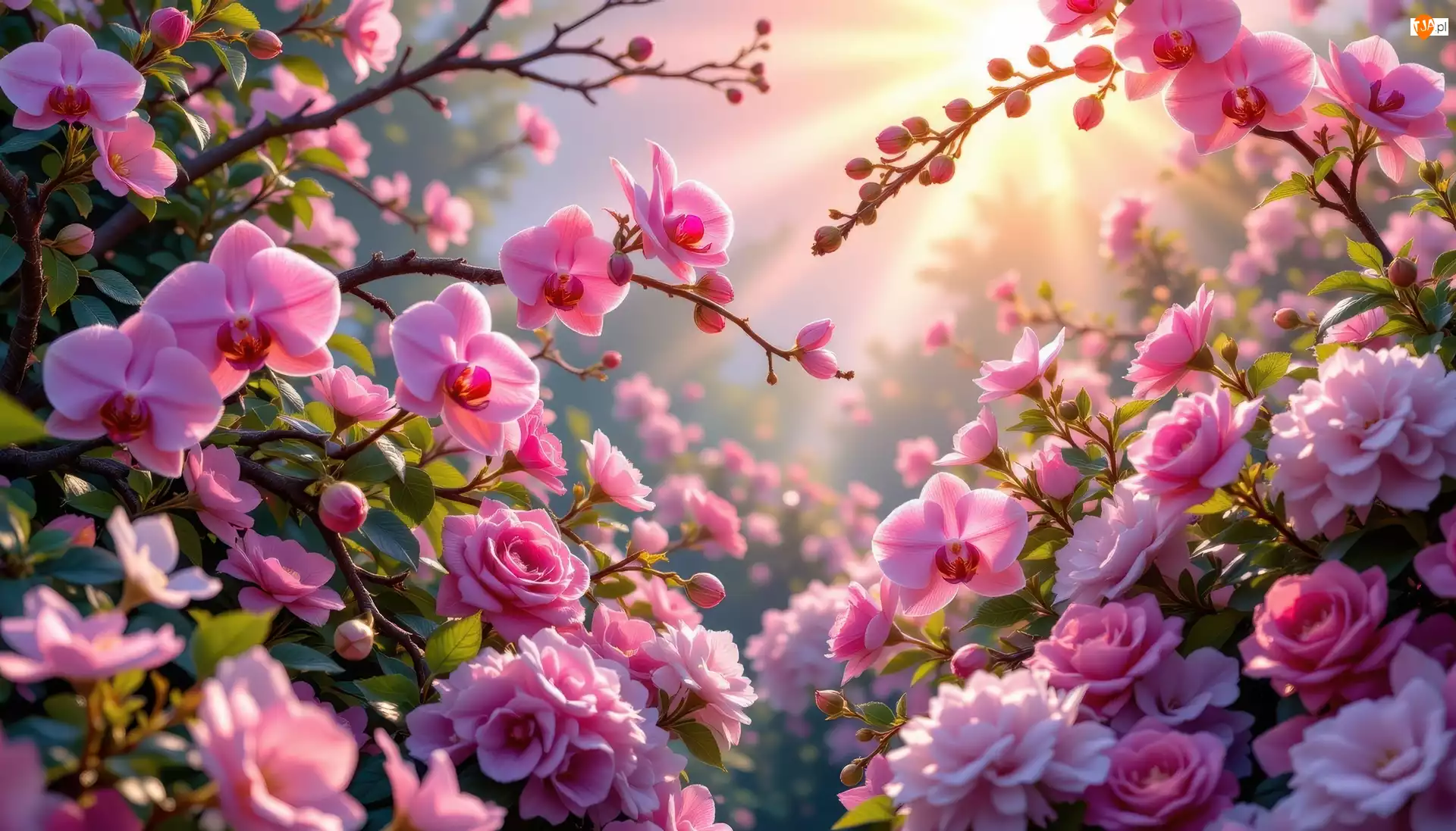 Storczyki, Grafika AI, Róże, Kwiaty, Słońce