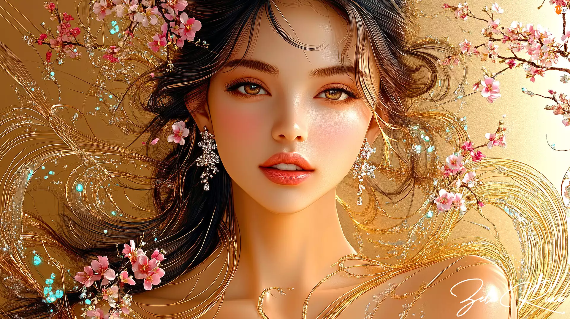 Kolczyki, Grafika, Dziewczyna, Kwiaty