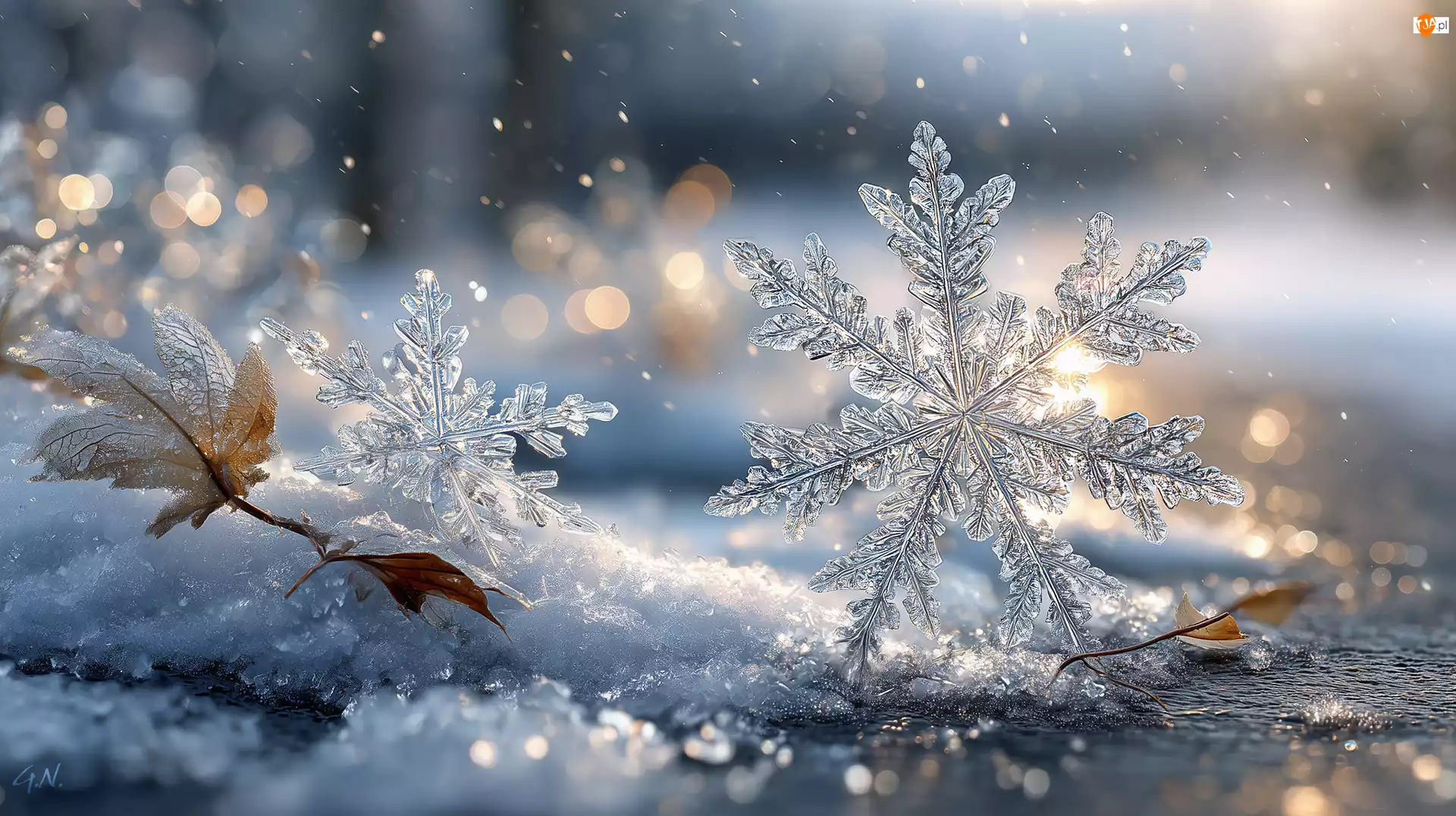 Śnieg, Grafika AI, Śnieżynki, Dwie, Zima