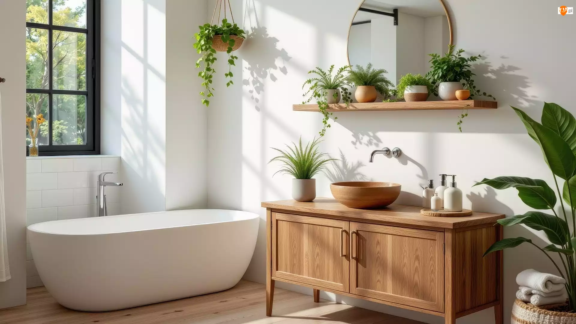 Półka, Łazienka, Szafka, Okno, Wanna, Kwiaty, Lustro, Umywalka