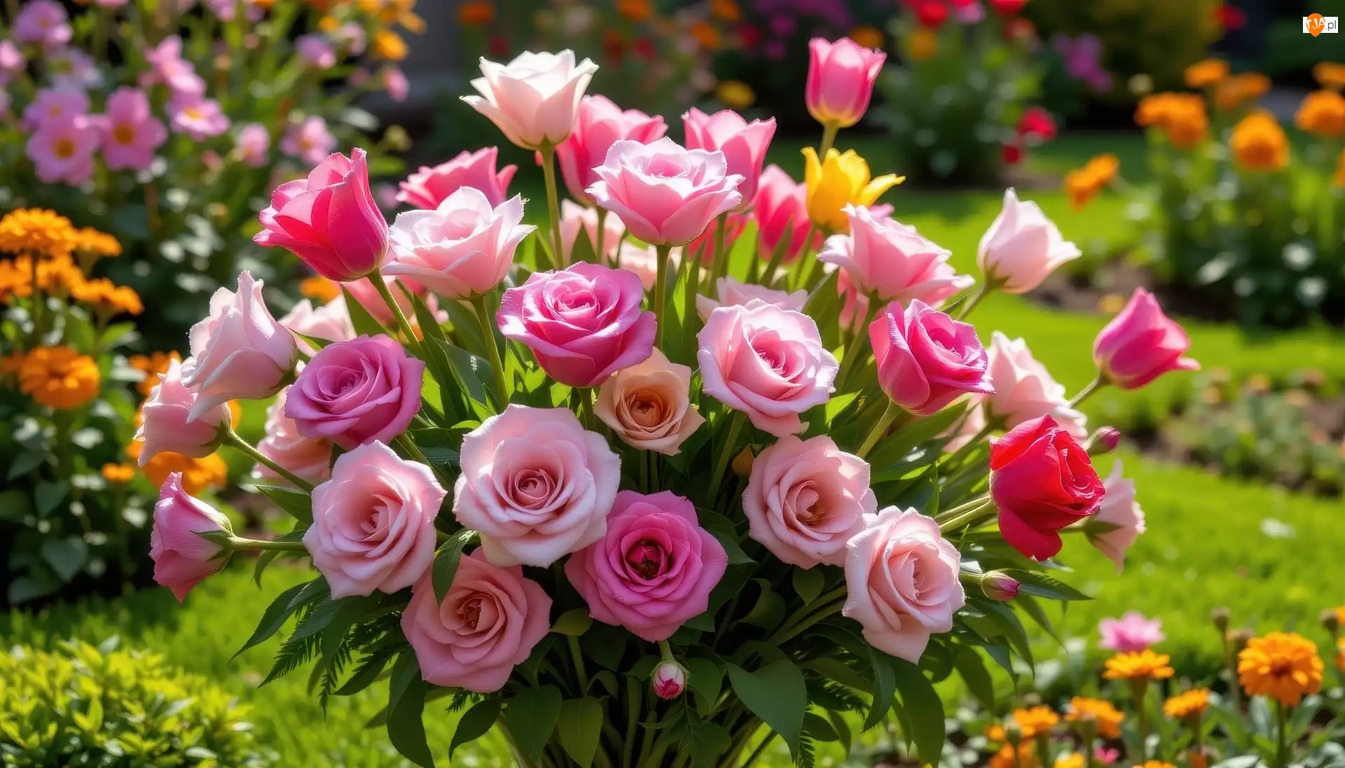 Ogród, Bukiet, Różowe, Róże