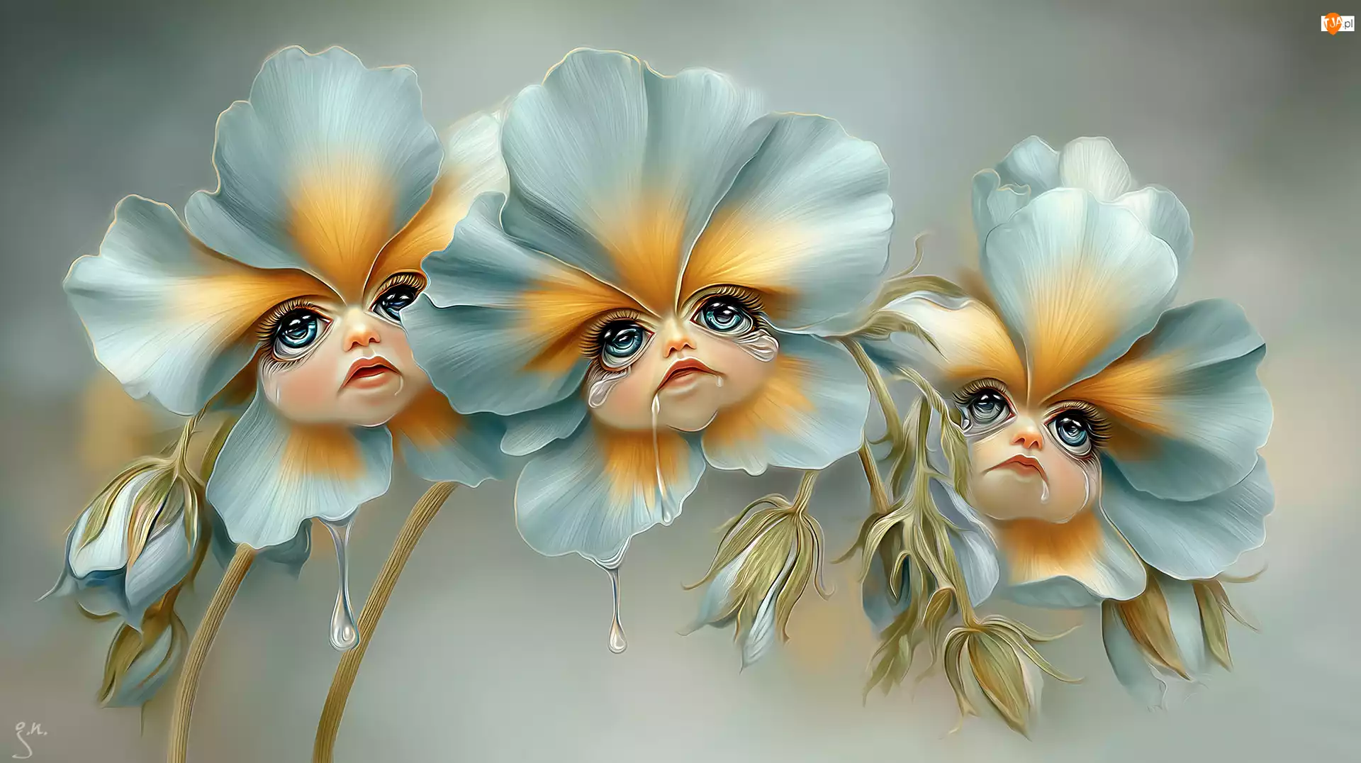 Grafika AI, Kwiaty, Płaczące, Twarze