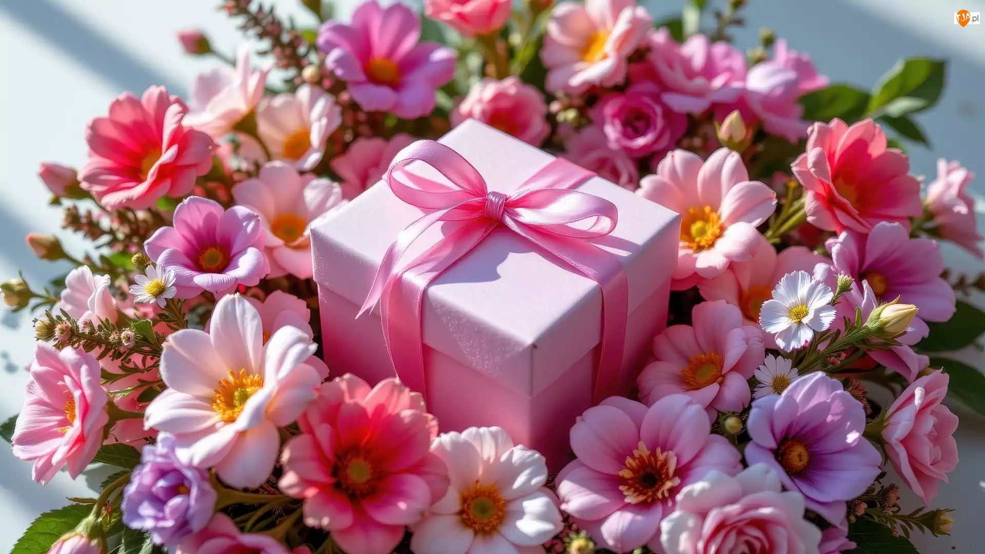 Prezent, Pudełko, Wstążka, Kwiaty, Różowa, Kolorowe