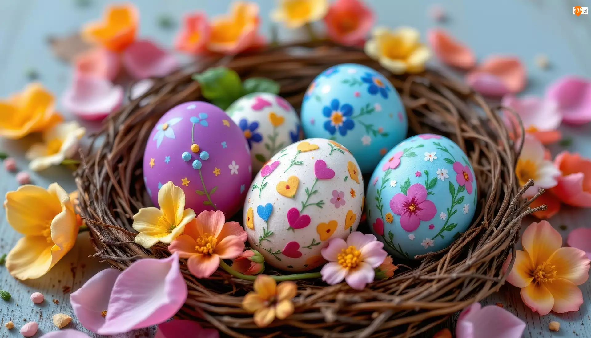 Jajka, Pisanki, Wielkanoc, Kolorowe, Płatki, Kwiaty, Gniazdo
