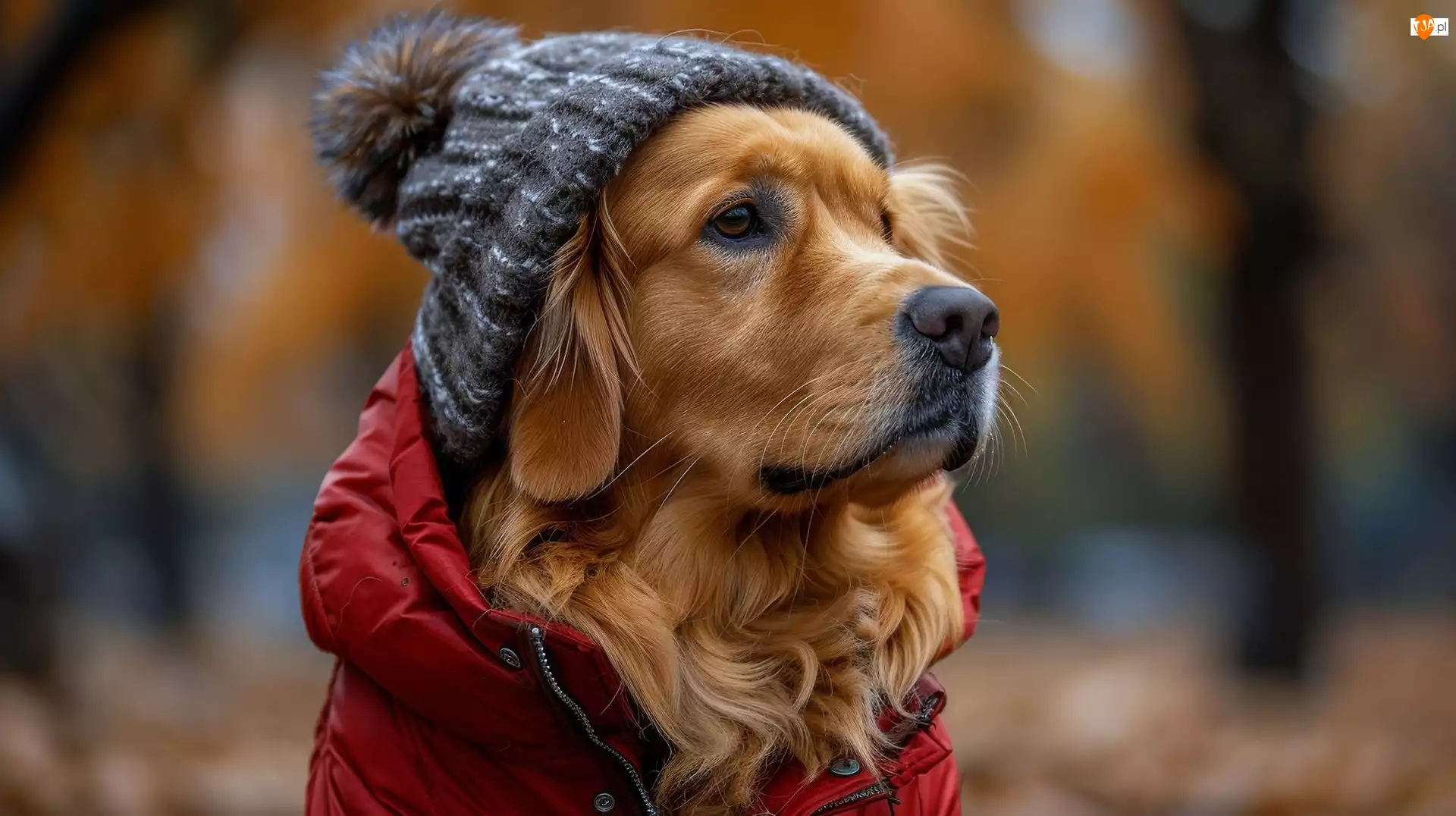Kurtka, Golden retriever, Czerwona, Pies, Czapka