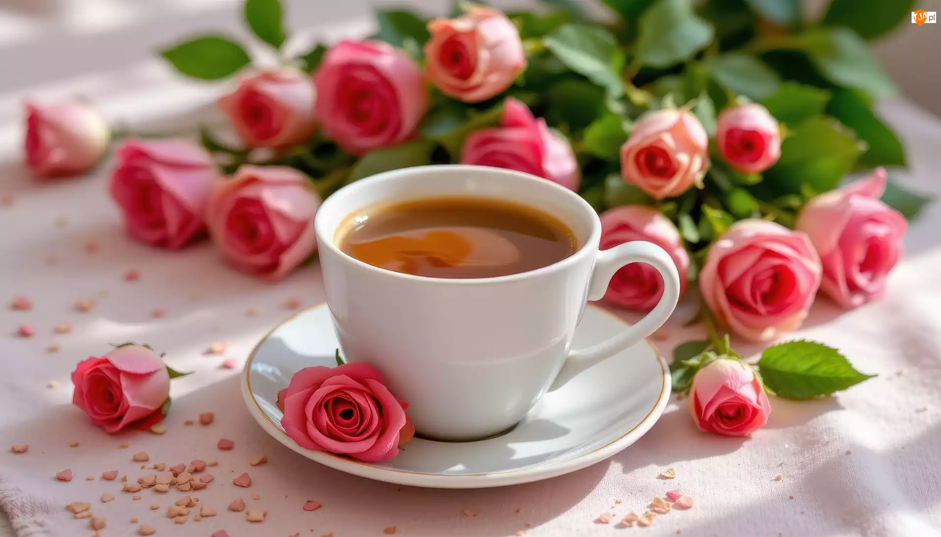 Biała, Róże, Filiżanka, Kawa, Kwiaty