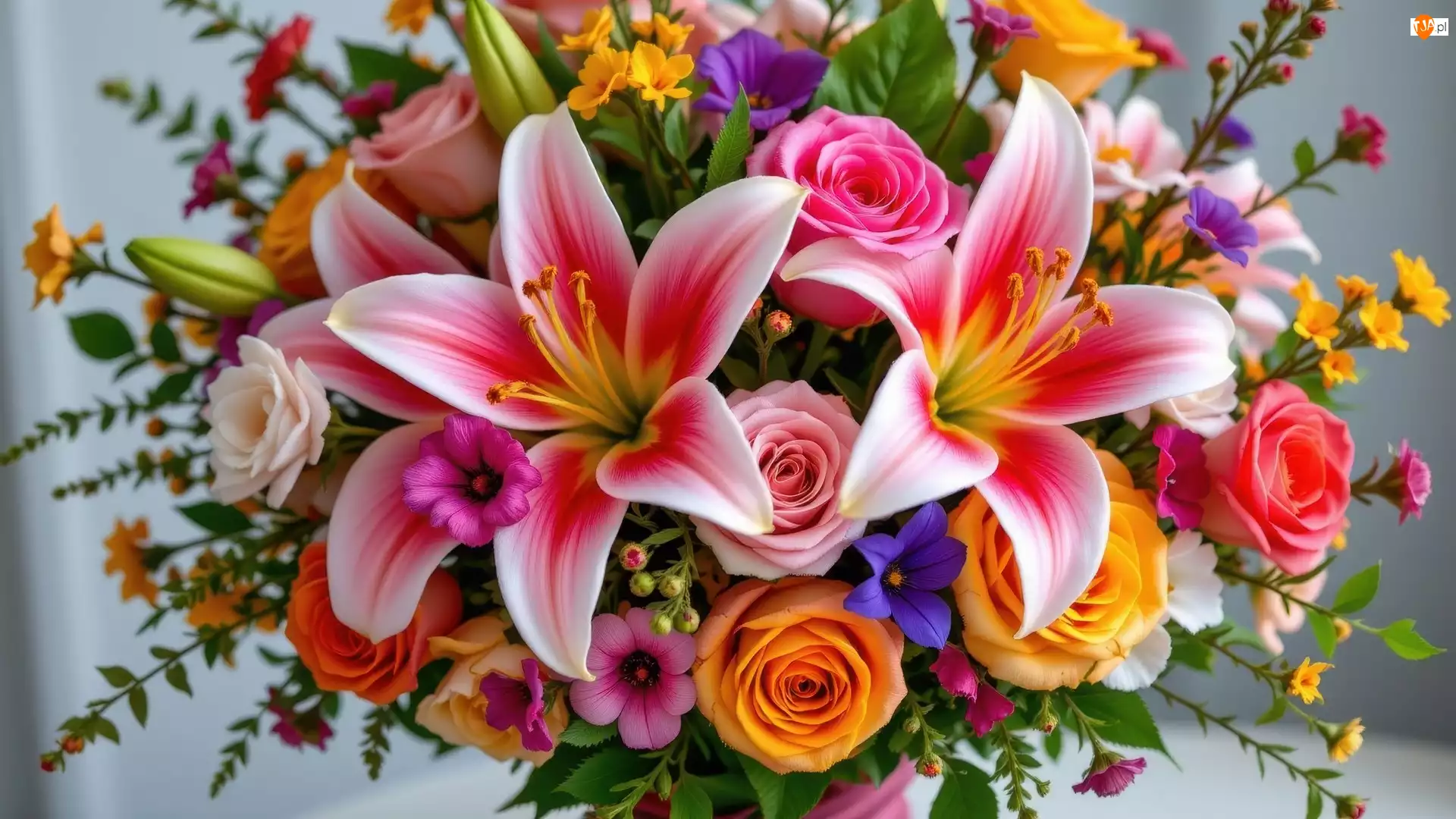 Kwiaty, Róże, Kolorowe, Bukiet, Lilie