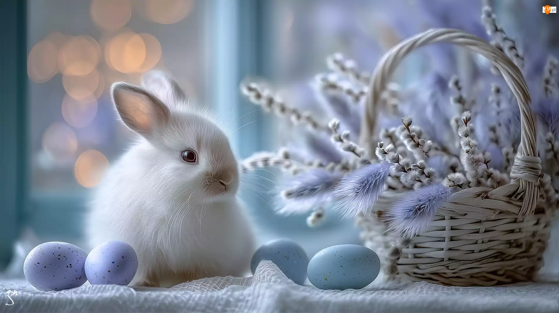 Grafika AI, Królik, Wielkanoc, Kłosy, Trawa, Pisanki, Koszyk, Biały, Bazie