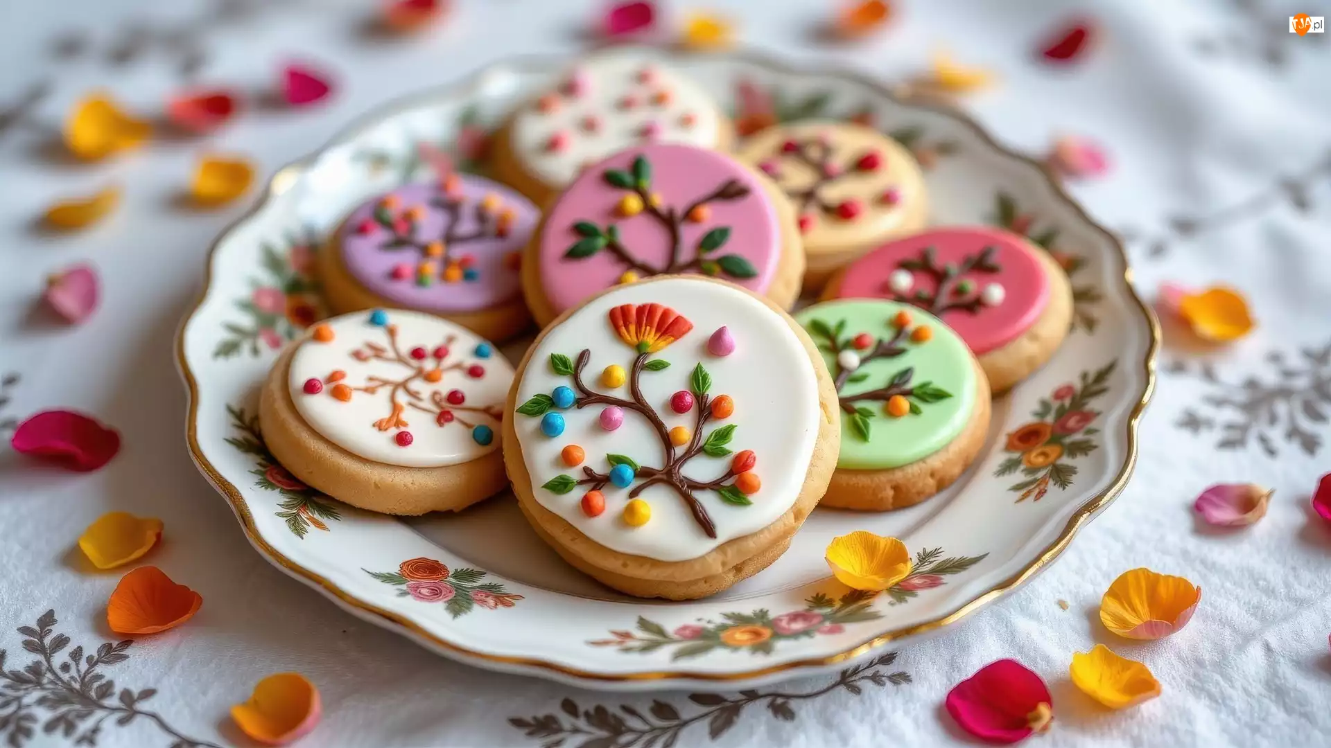 Czerwone, Kolorowe, Talerz, Płatki, Lukrowane, Żółte, Kwiatów, Ciastka