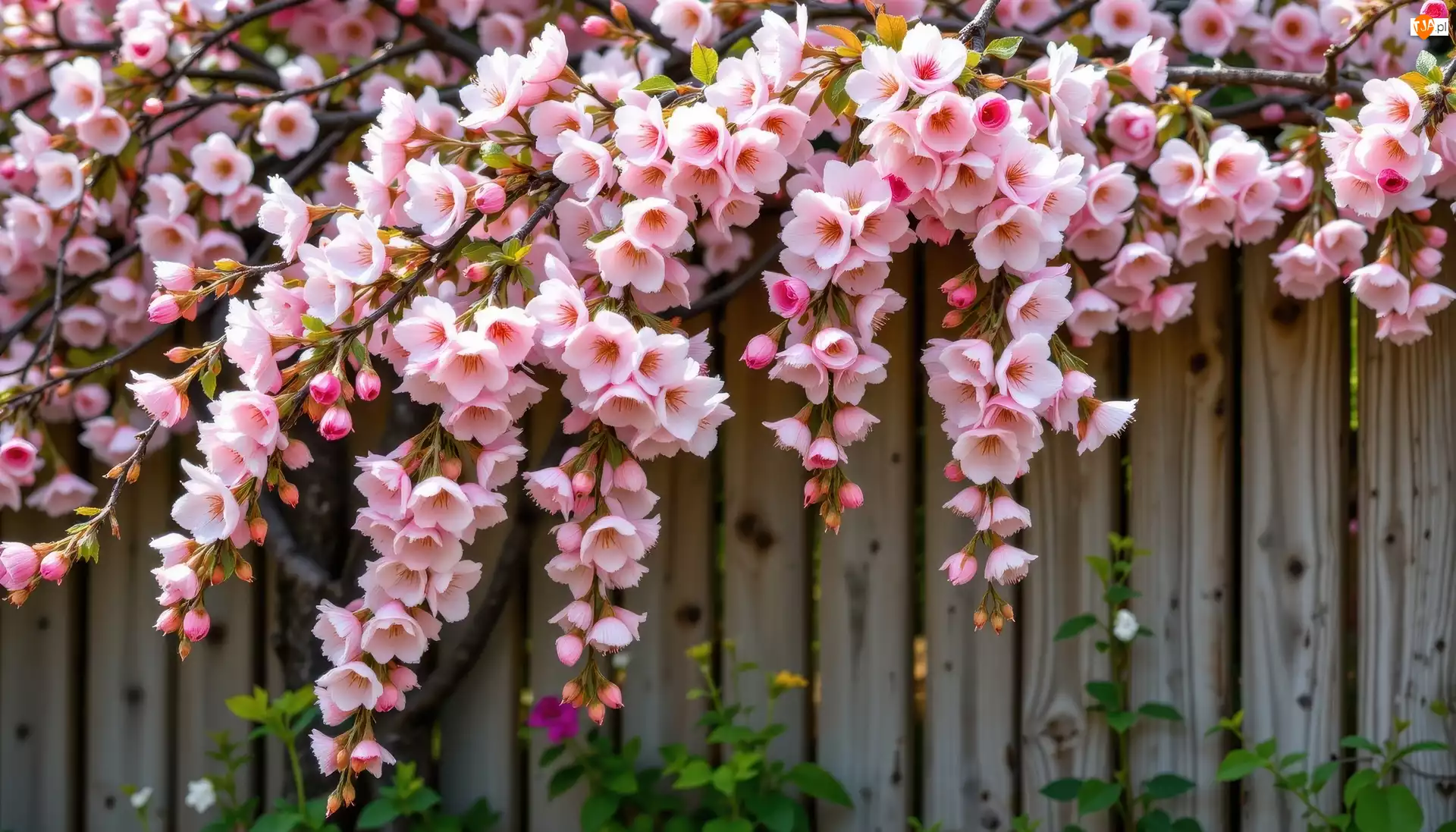 Płot, Różowe, Kwiaty, Gałązki