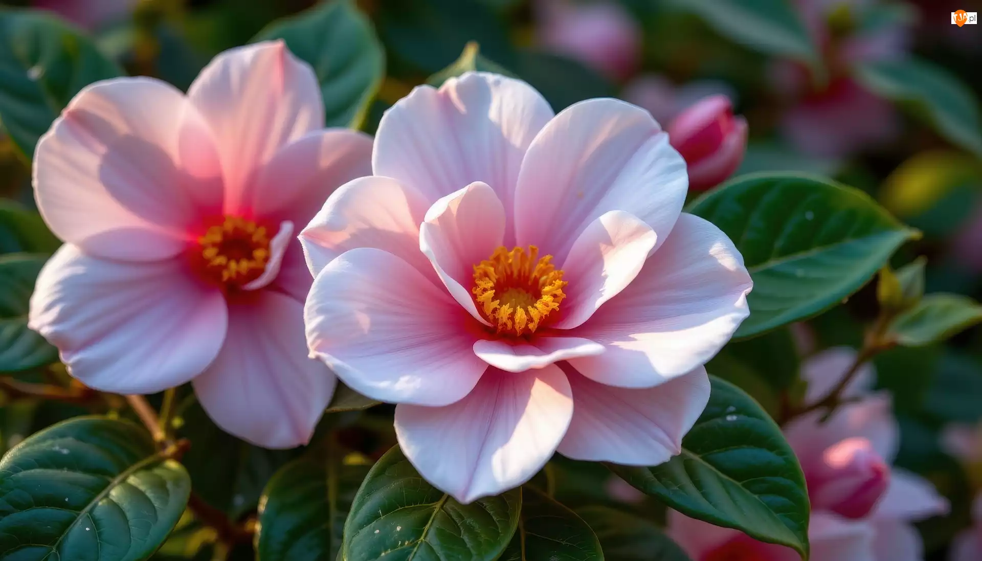 Różowe, Liście, Kwiaty, Dwa, Kamelie