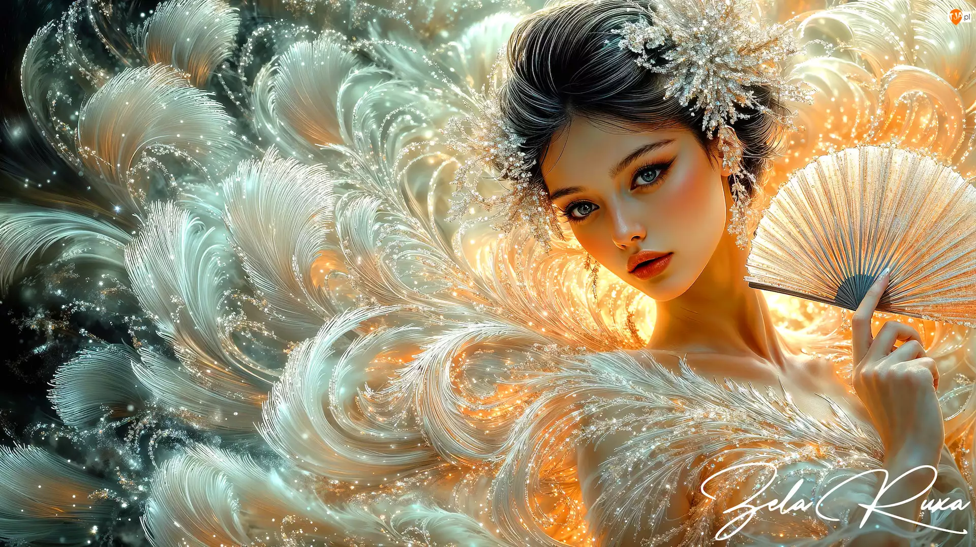 Grafika, Kobieta, Wachlarz, Pióra