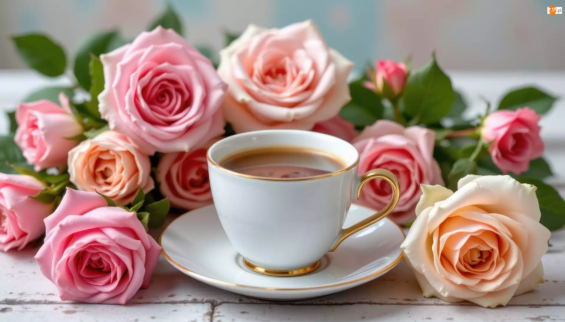 Biała, Kawa, Róże, Kwiaty, Filiżanka