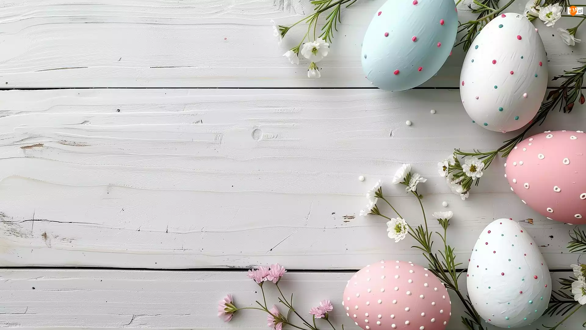 Białe, Wielkanoc, Pisanki, Różowe, Kolorowe, Gałązki, Kwiaty, Nakrapiane