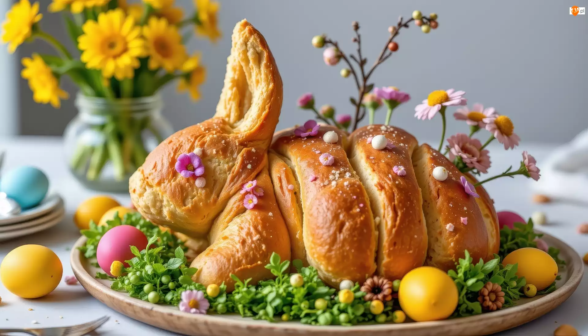 Królik, Chleb, Stół, Wielkanoc, Taca, Jajka, Kwiaty