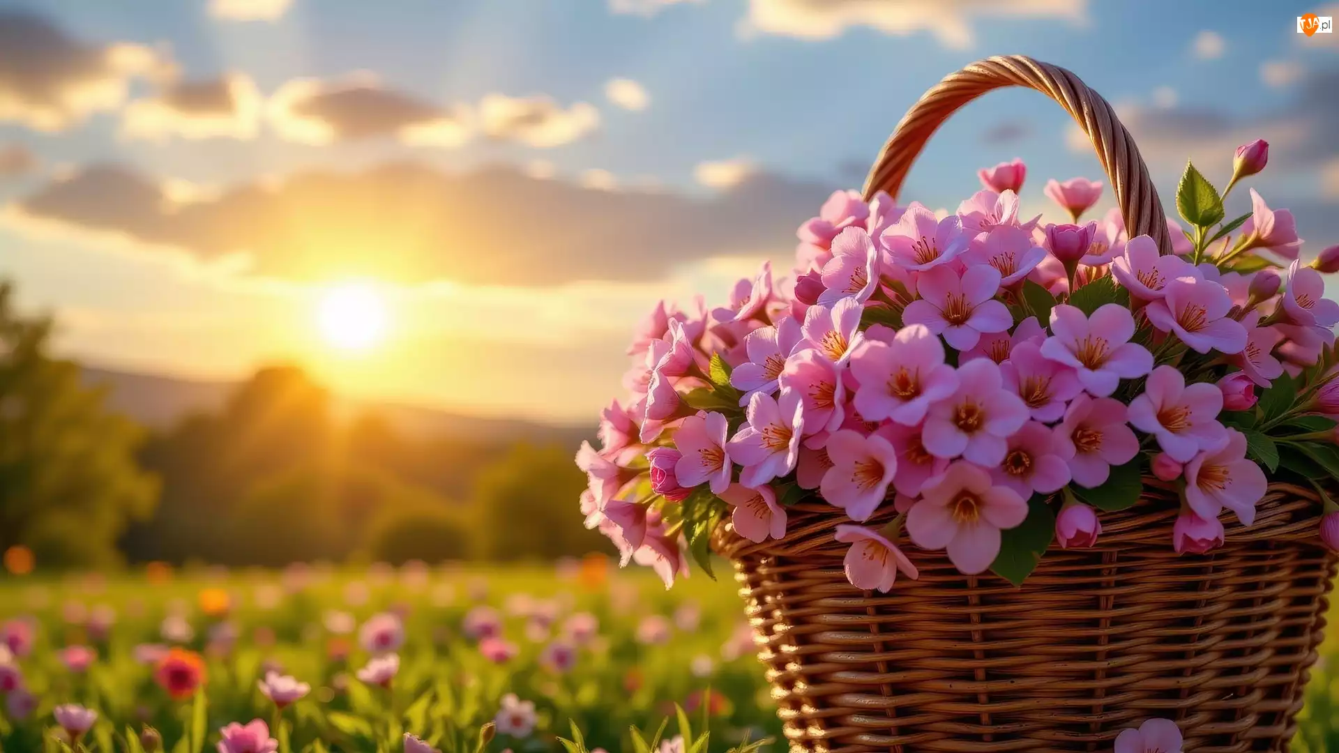 Koszyk, Słońce, Kwiaty, Różowe, Łąka