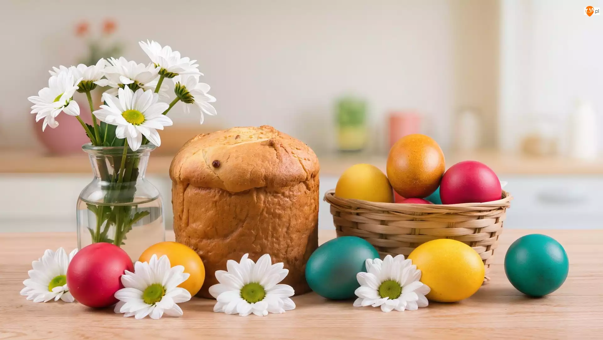 Kwiaty, Wielkanoc, Koszyk, Białe, Kolorowe, Babka, Margerytki, Pisanki