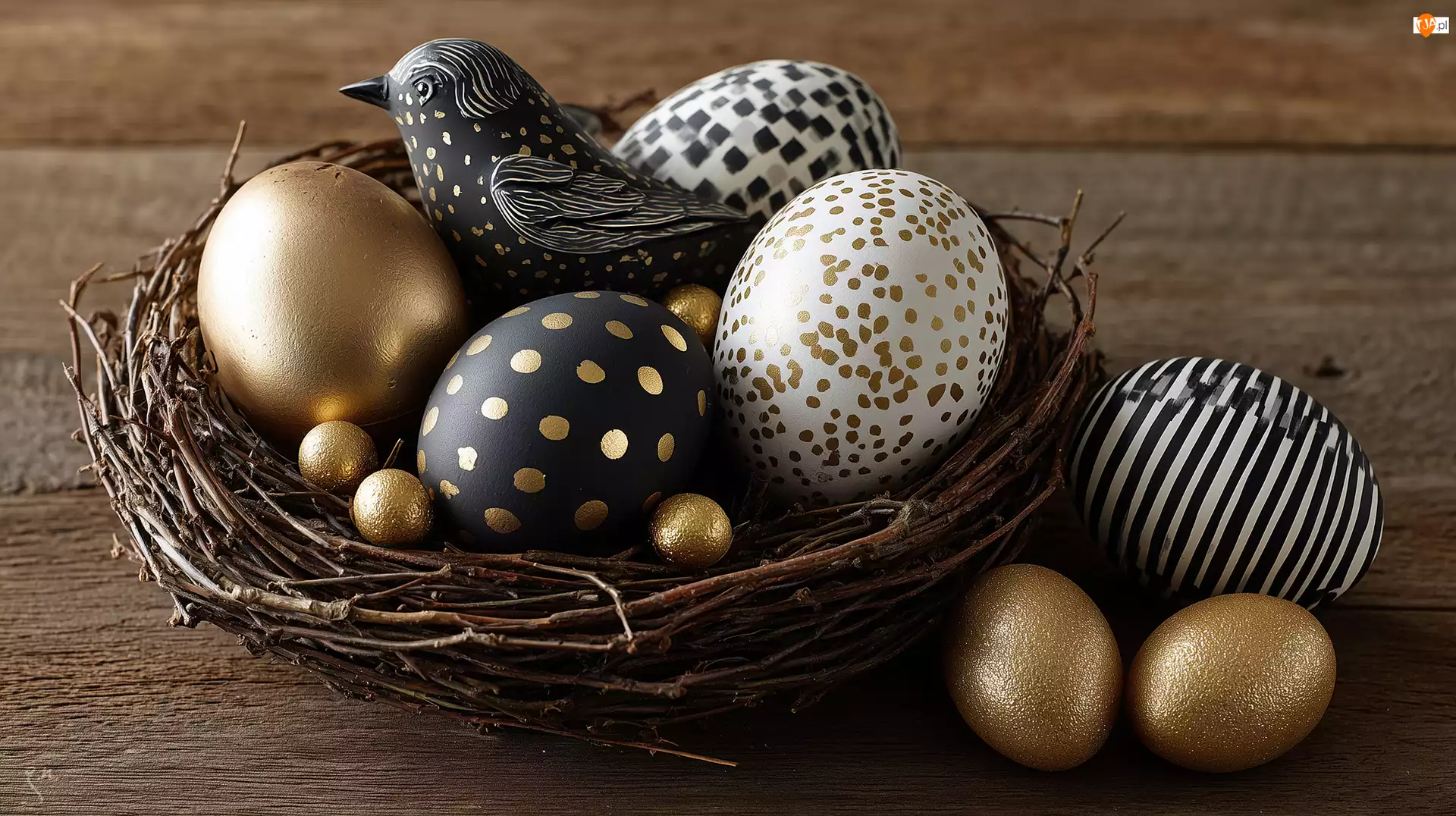 Grafika AI, Białe, Ptak, Wielkanoc, Figurka, Czarne, Pisanki, Złote, Gniazdko