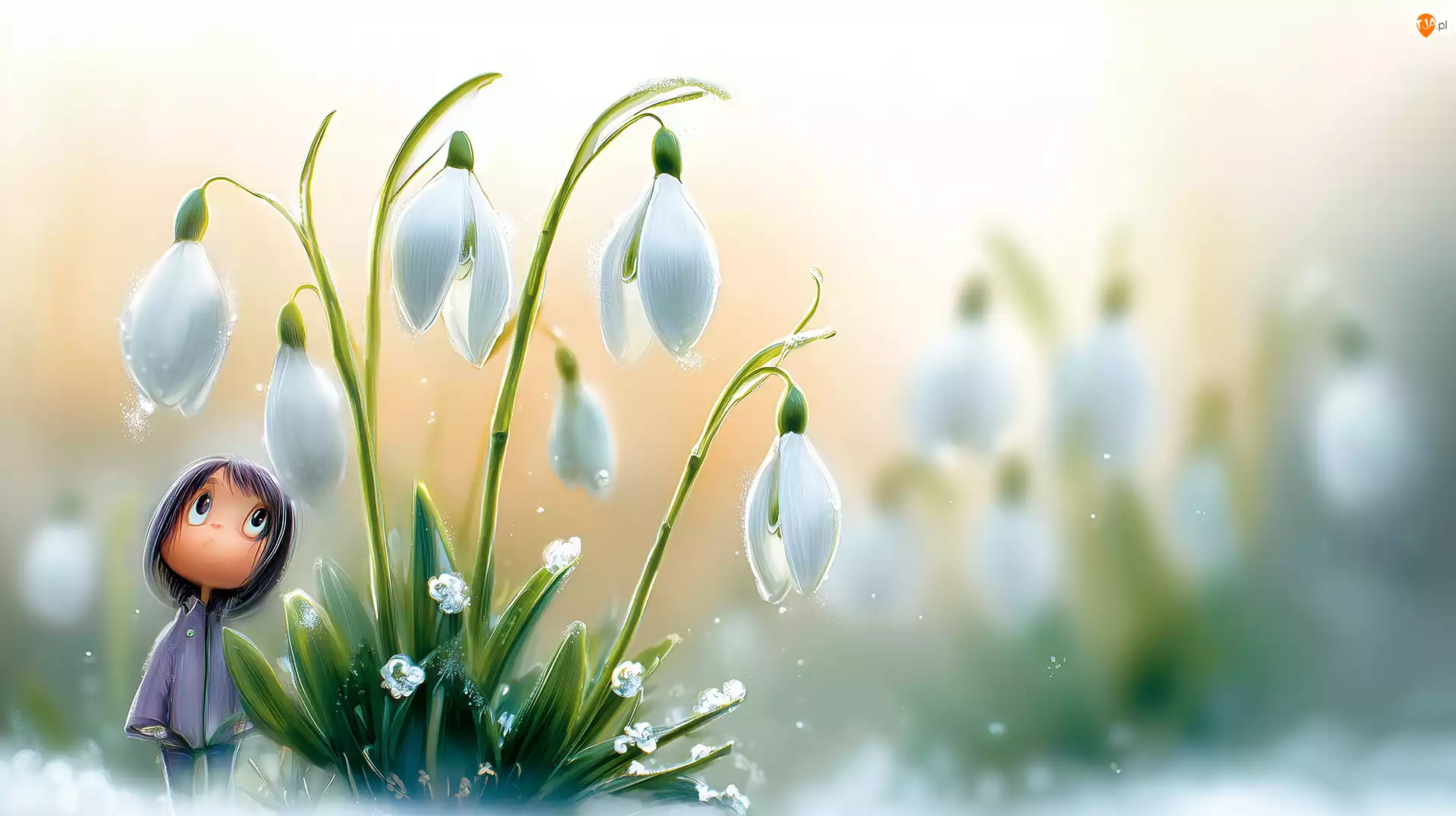 Kwiaty, Grafika AI, Białe, Przebiśniegi, Dziewczyna