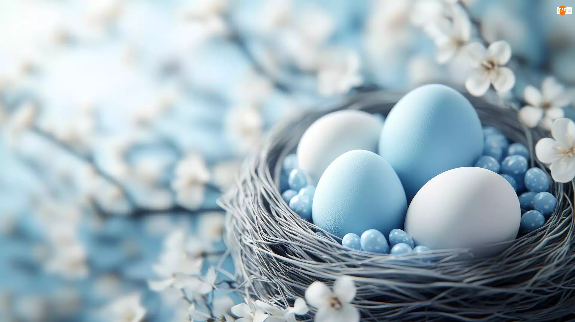 Gniazdo, Grafika AI, Pisanki, Błękitne, Wielkanoc