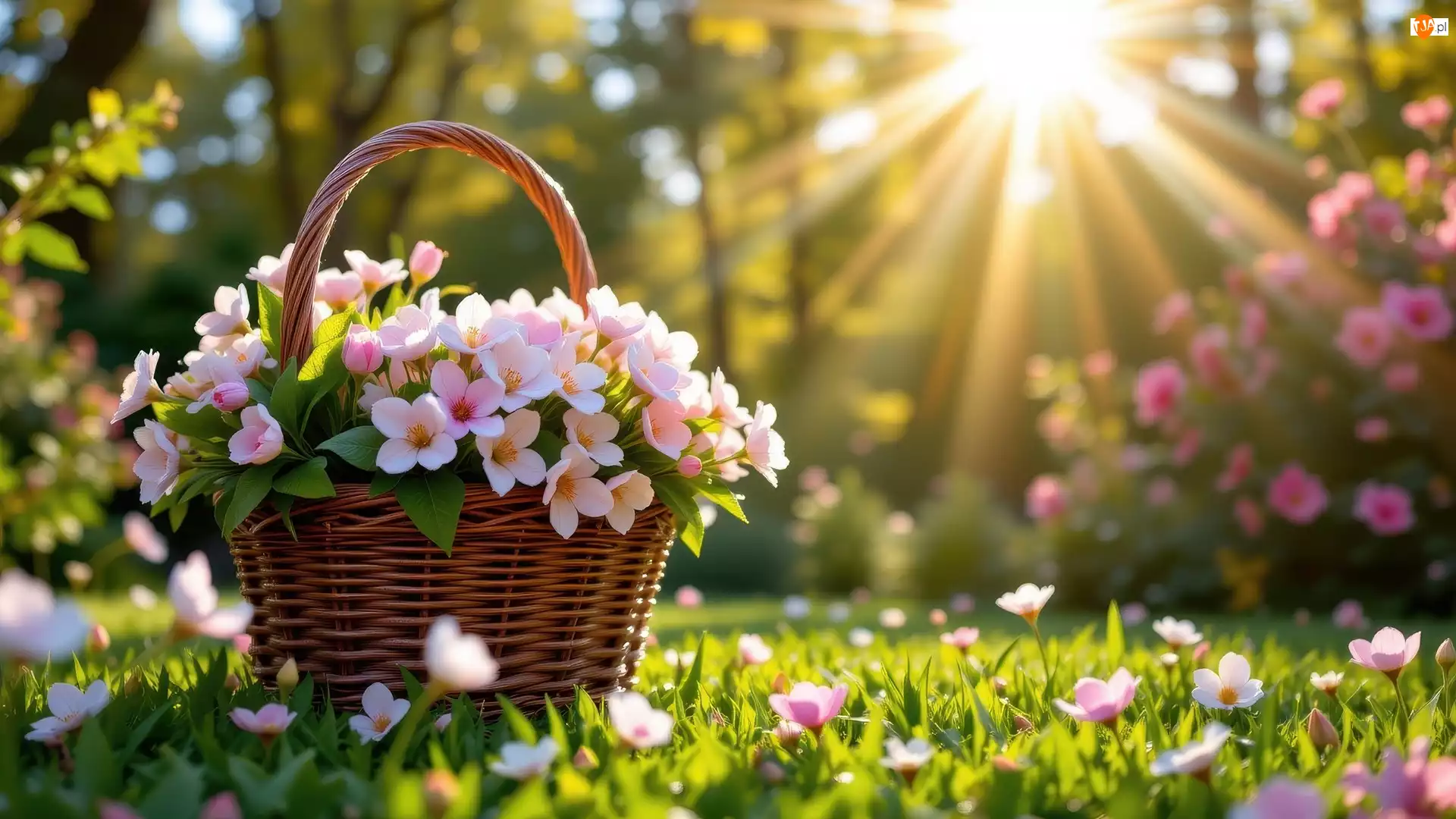 Kwiaty, Promienie słońca, Biało-różowe, Łąka, Koszyk