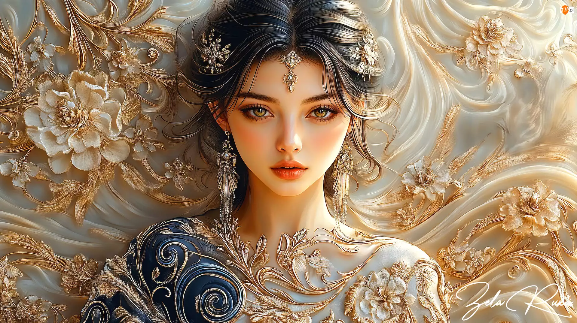 Kobieta, Grafika, Biżuteria, Ornament, Makijaż, Kwiaty