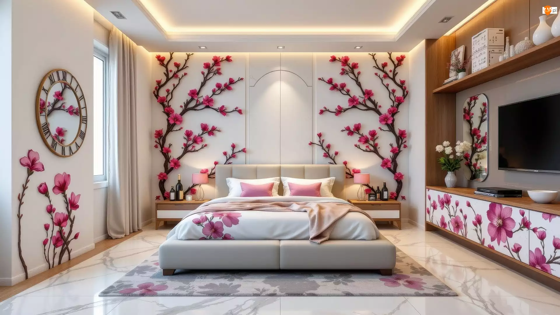 Łóżko, Telewizor, Zegar, Sypialnia, Lampki, Dekoracje, Kwiatowe