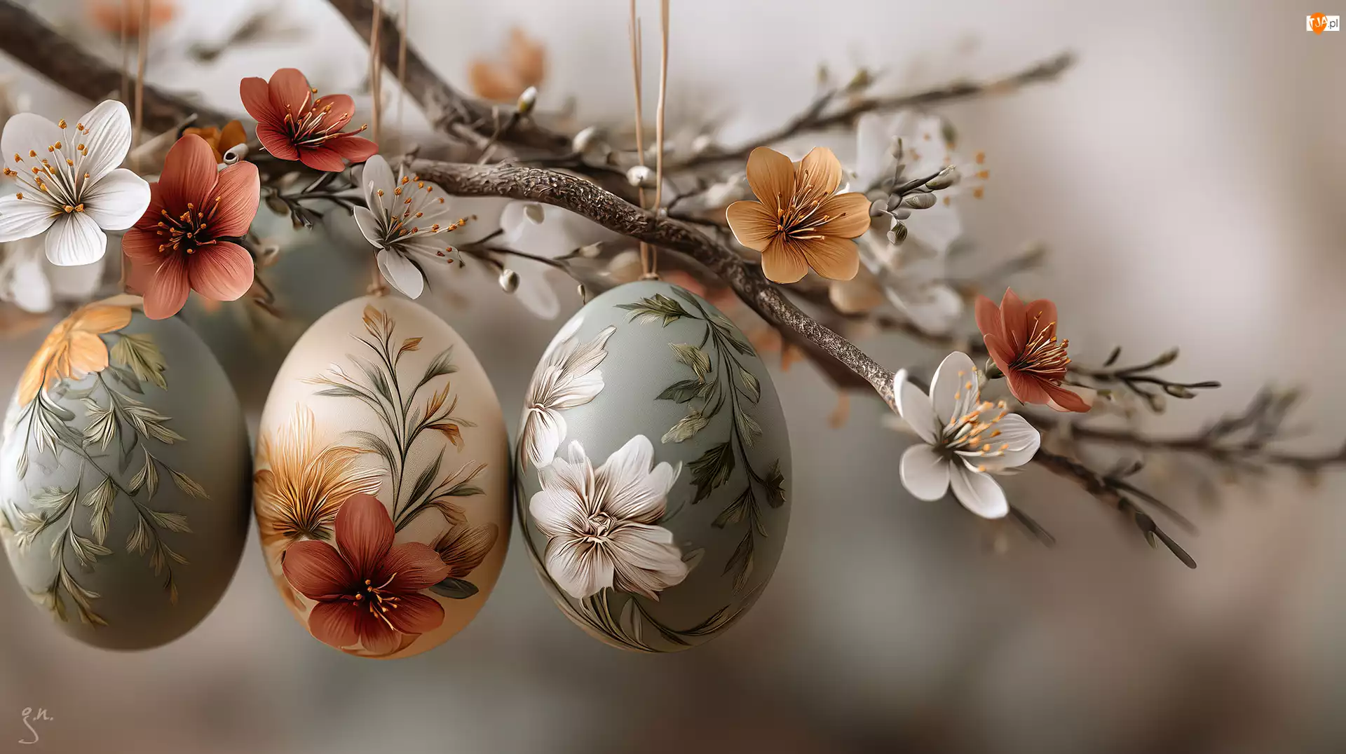 Trzy, Wielkanoc, Gałązka, Grafika AI, Pisanki, Kwiaty