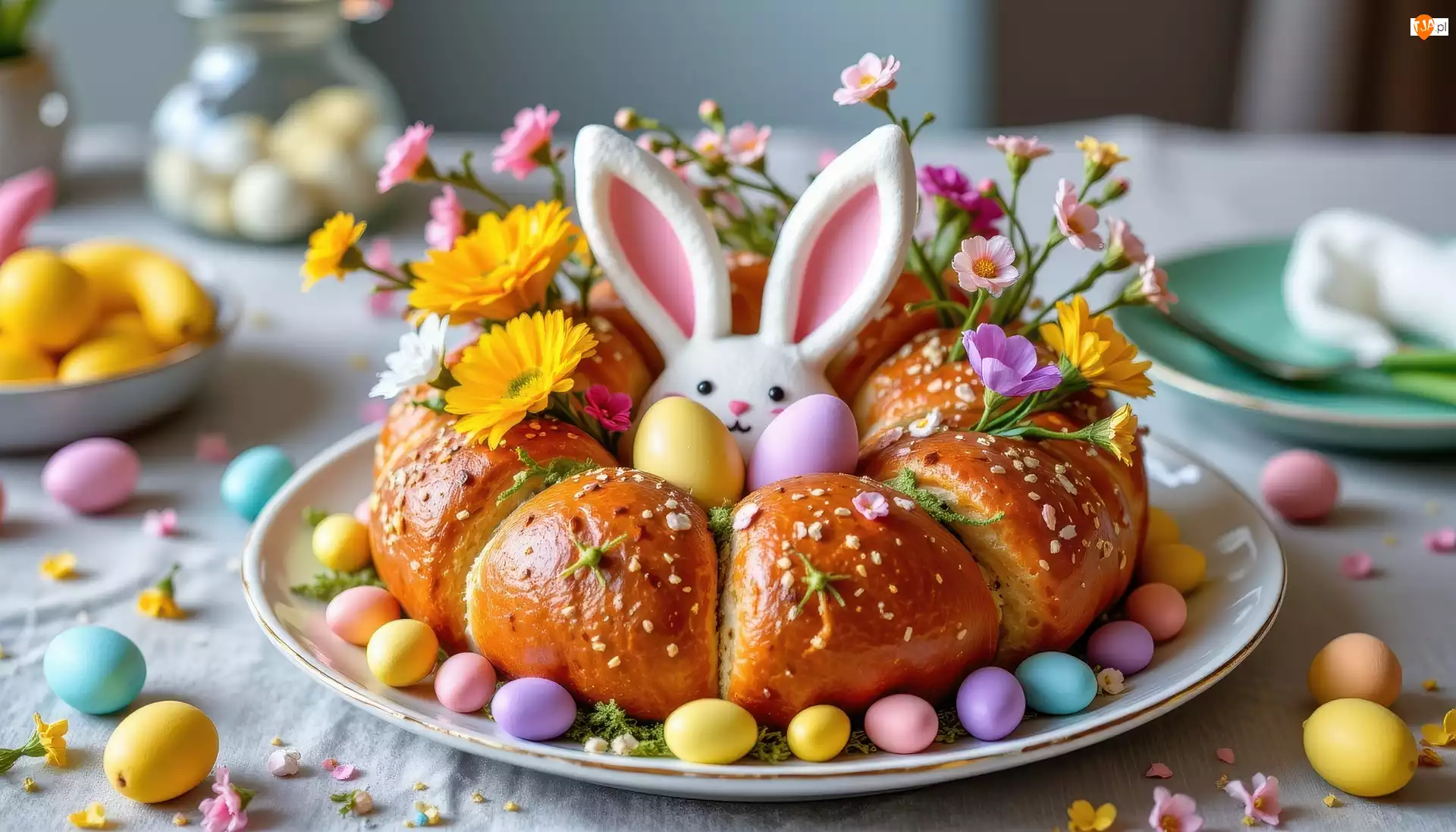 Chleb, Pisanki, Grafika AI, Talerz, Wielkanoc, Kwiaty, Zajączek