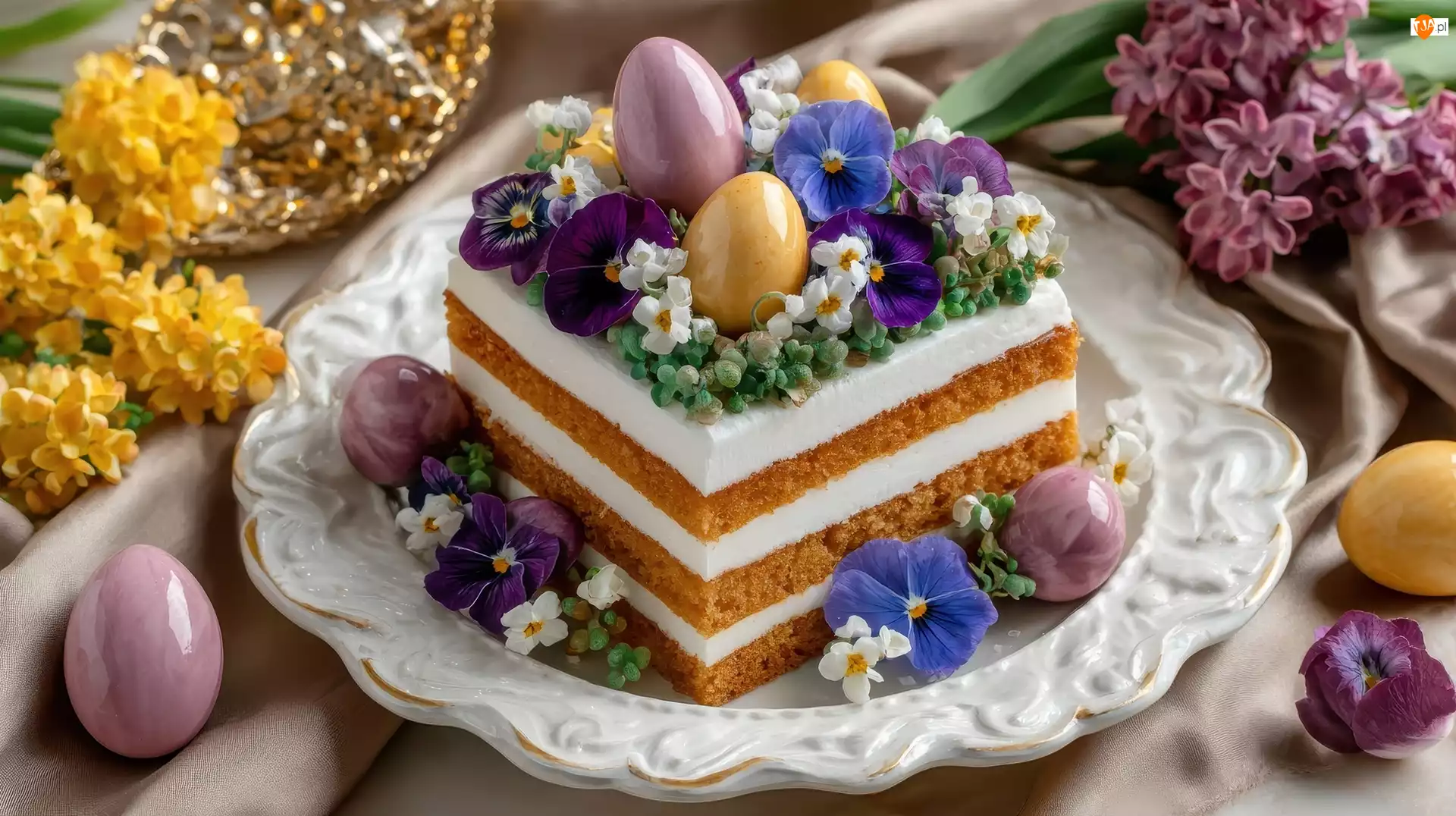 Piernik, Talerz, Wielkanoc, Ciasto, Jajka, Kolorowe, Kwiaty