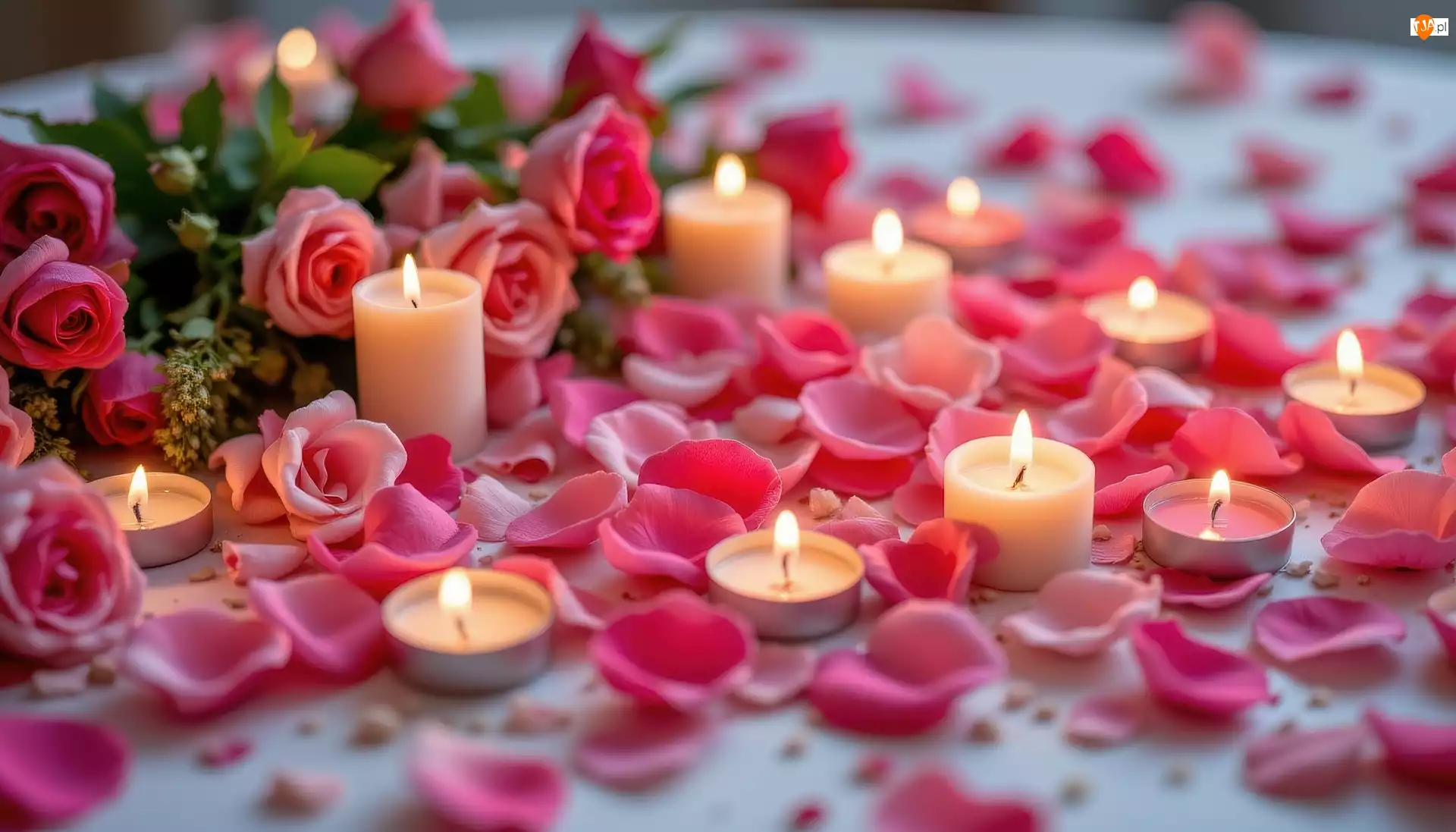 Róże, Świeczki, Płatki