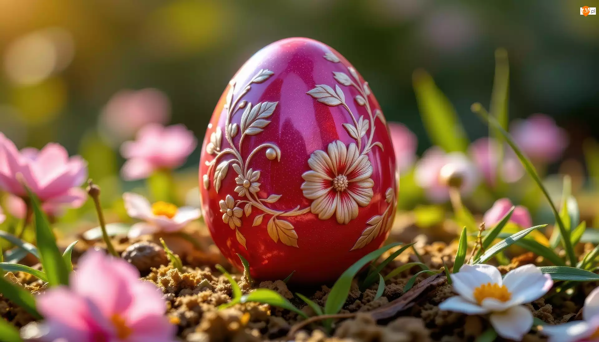 Pisanka, Grafika AI, Czerwona, Wielkanoc, Kwiaty