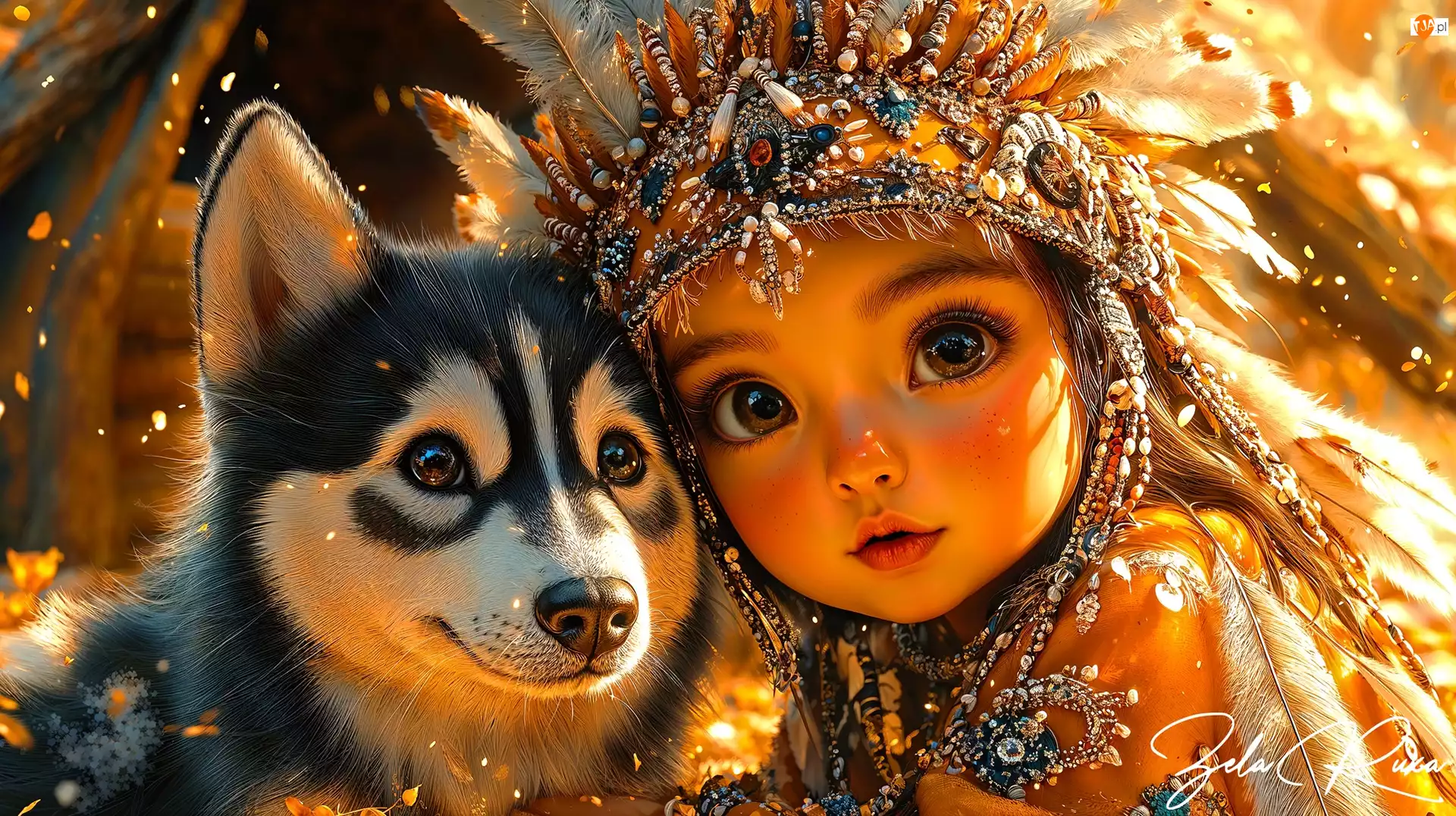 Pies, Grafika AI, Pióropusz, Dziewczynka, Szczeniak