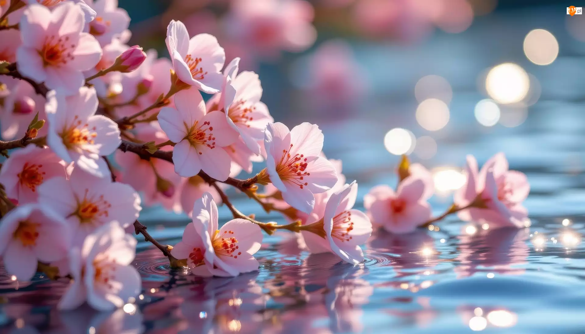 Odbicie, Różowe, Kwiaty, Gałązki