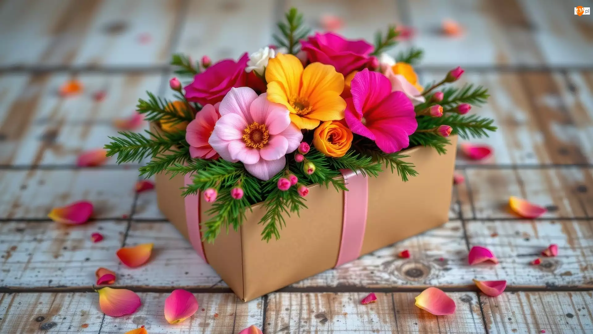Wstążka, Kolorowe, Deski, Prezent, Kwiatów, Płatki, Kwiaty