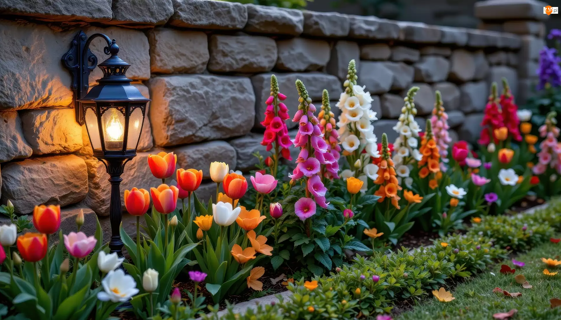 Mur, Latarnia, Tulipany, Kamień, Kolorowe, Naparstnica, Ogród, Kwiaty