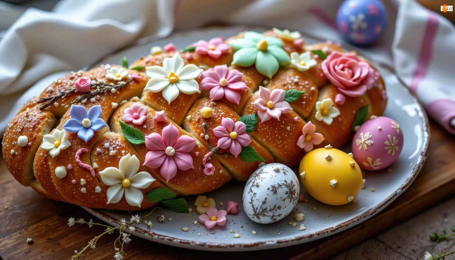 Chleb, Świąteczny, Pisanki, Grafika AI, Kwiaty, Wielkanoc