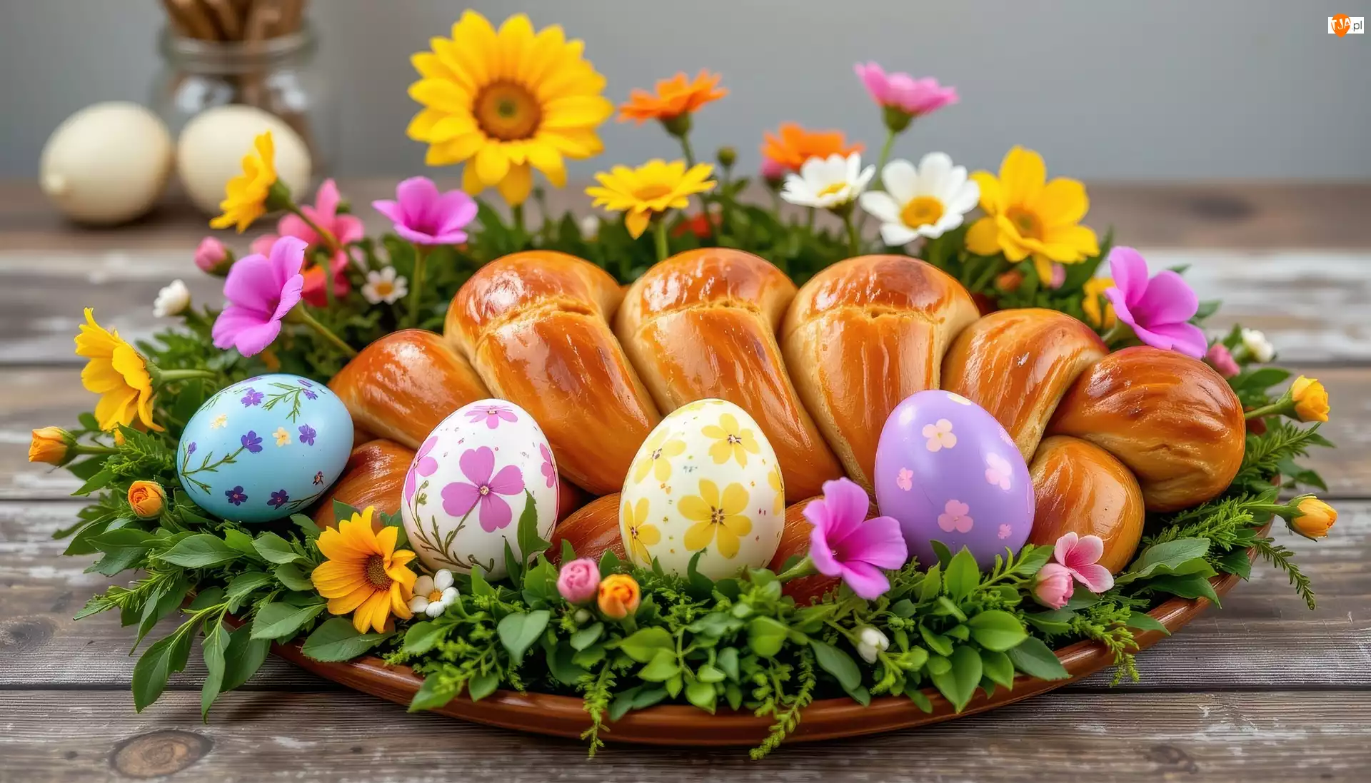 Pisanki, Wielkanoc, Kwiaty, Grafika AI, Chleb, Talerz