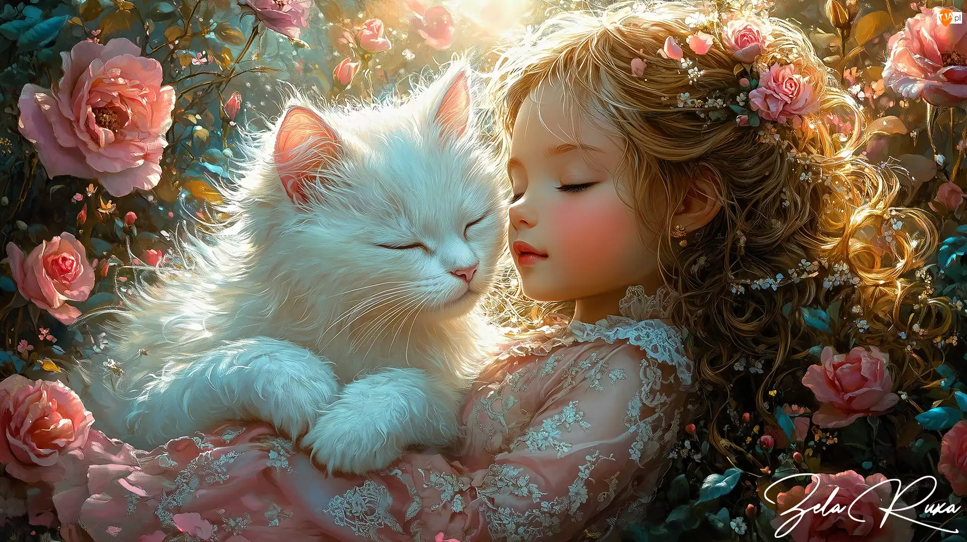 Dziewczynka, Śpiąca, Kot, Grafika AI, Biały, Kwiaty