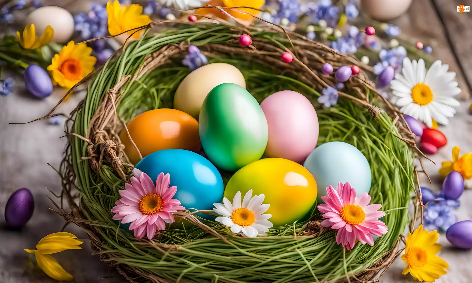 Pisanki, Grafika AI, Kolorowe, Wielkanoc, Gniazdko