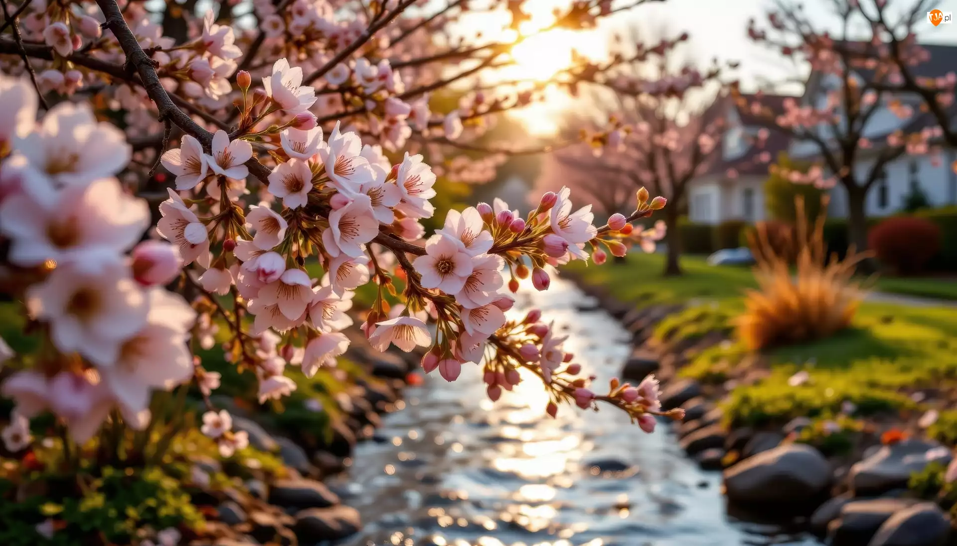 Gałązki, Drzewo owocowe, Kwiaty, Światło słoneczne, Różowe, Strumyk
