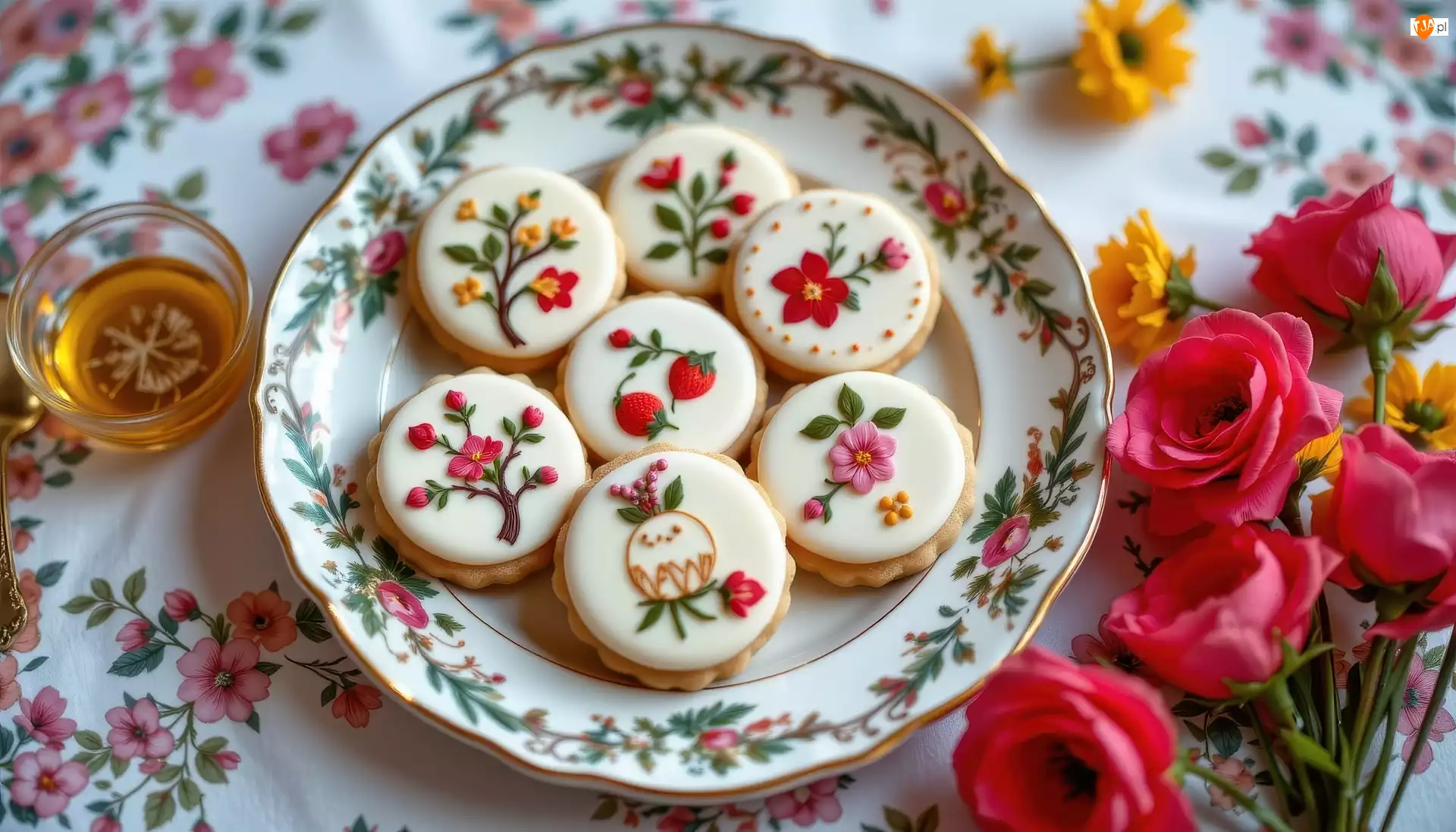 Kwiaty, Lukrowane, Ciasteczka, Talerz
