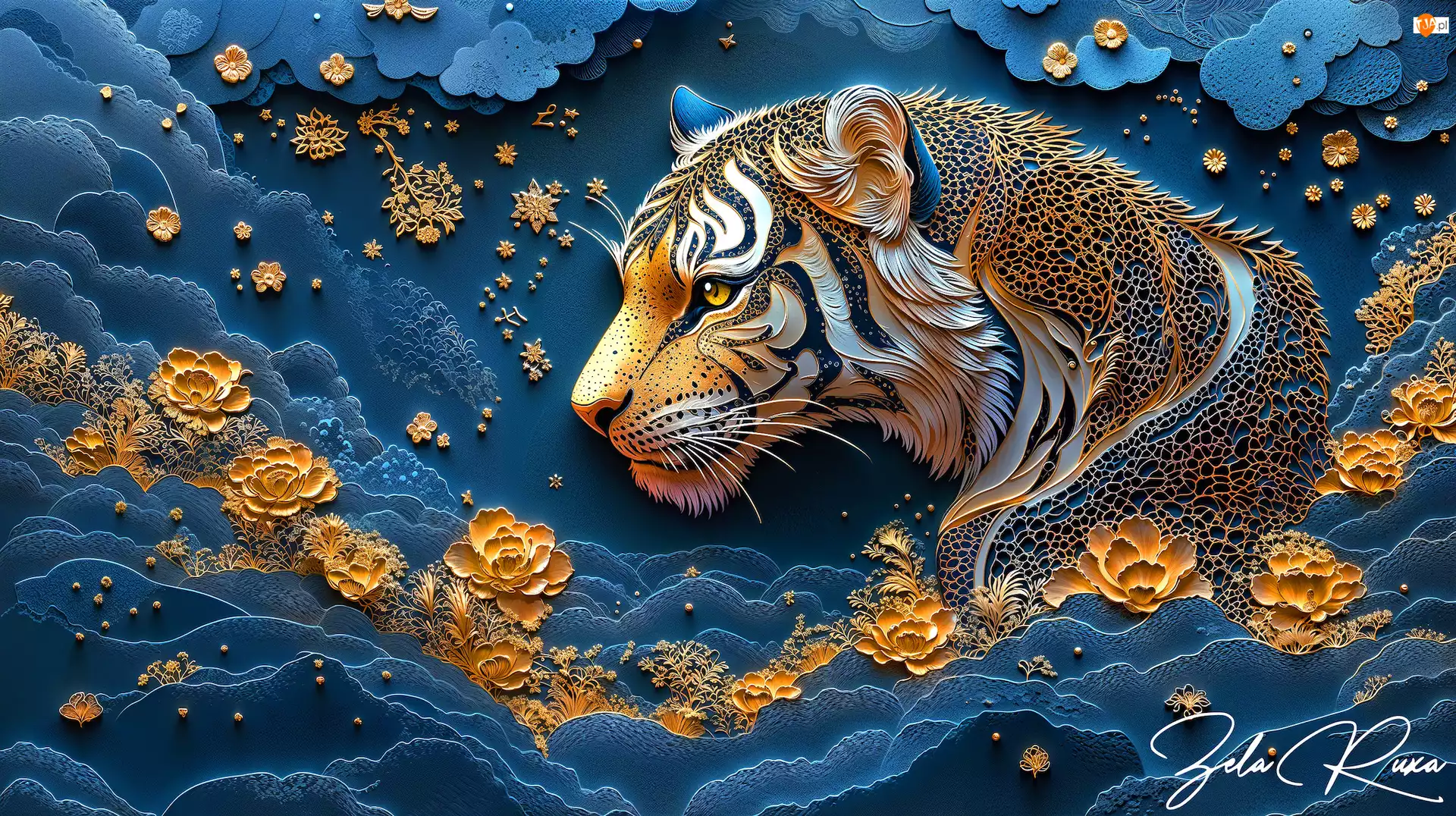 Kwiaty, Grafika, Tygrys, Głowa