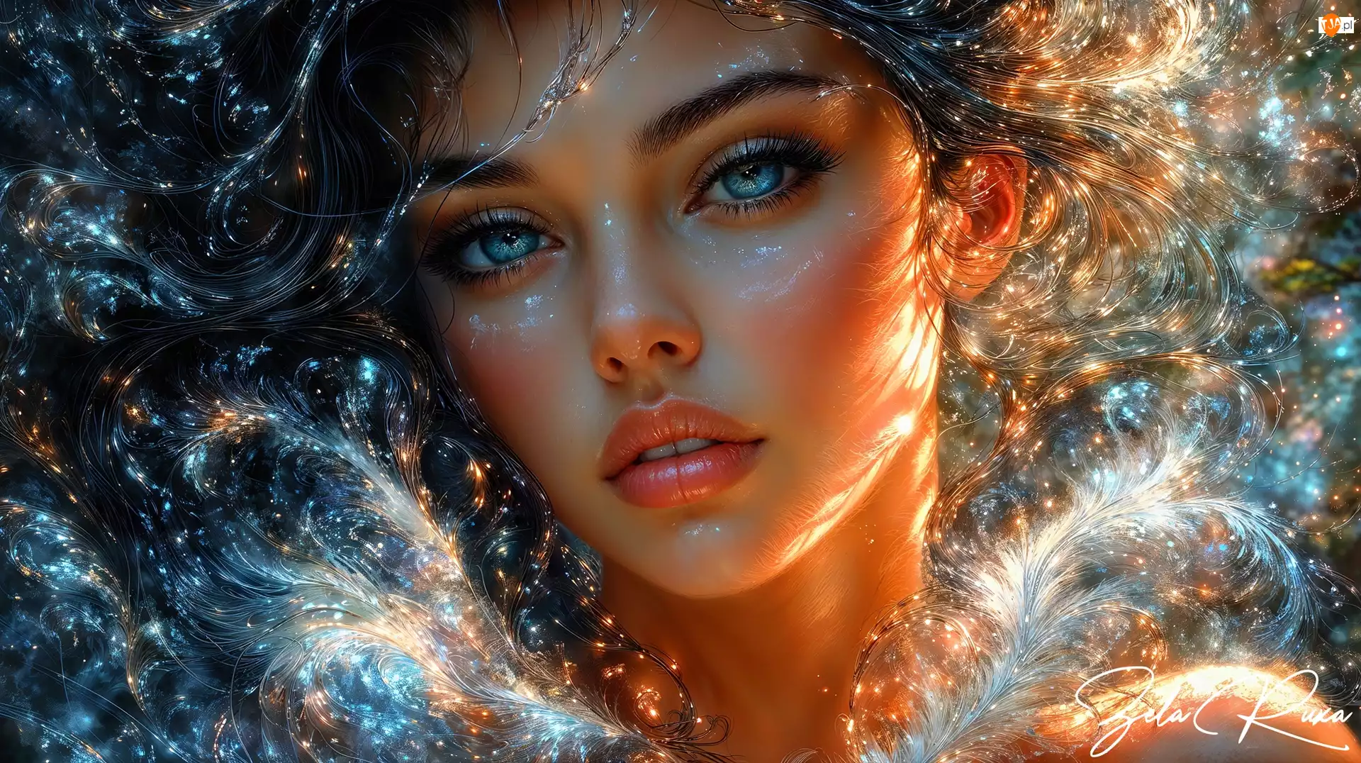 Niebieskie, Kobieta, Rozświetlone, Grafika AI, Oczy, Tło
