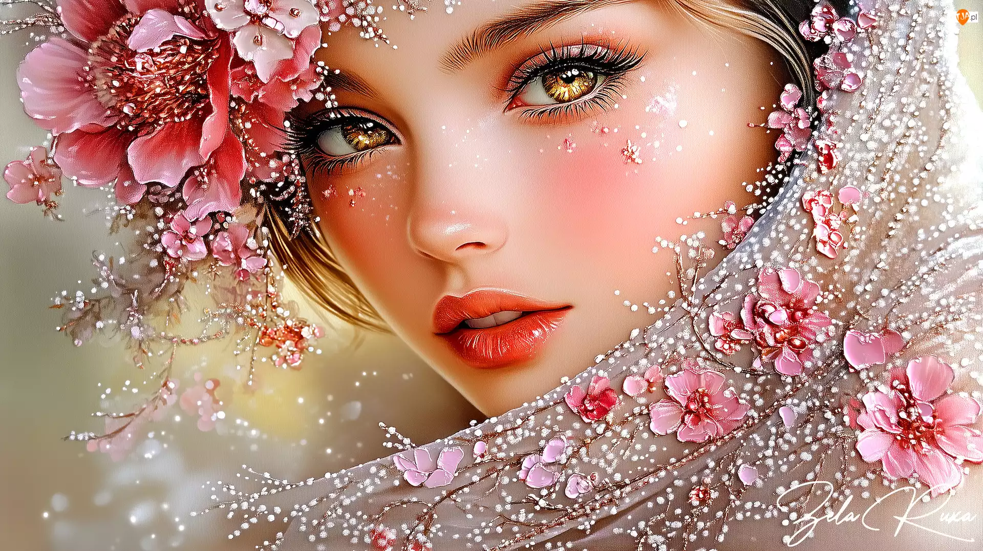 Spojrzenie, Grafika, Twarz, Kobieta, Kwiaty