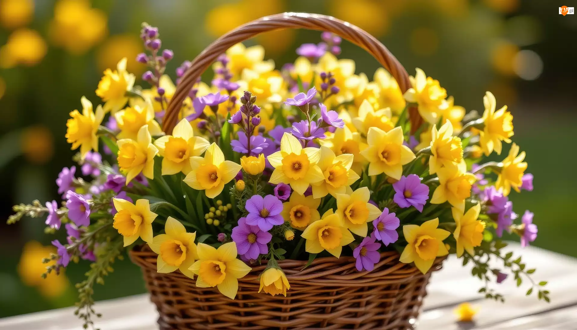 Fioletowe, Żółte, Koszyk, Kwiaty, Wiklinowy, Bukiet, Narcyzy żonkile