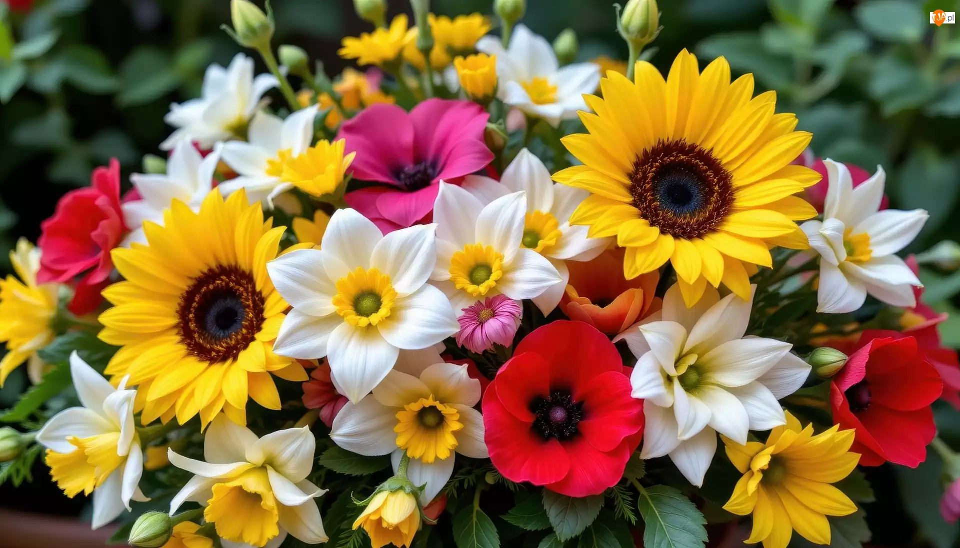 Maki, Bukiet, Słoneczniki, Kwiaty, Narcyzy